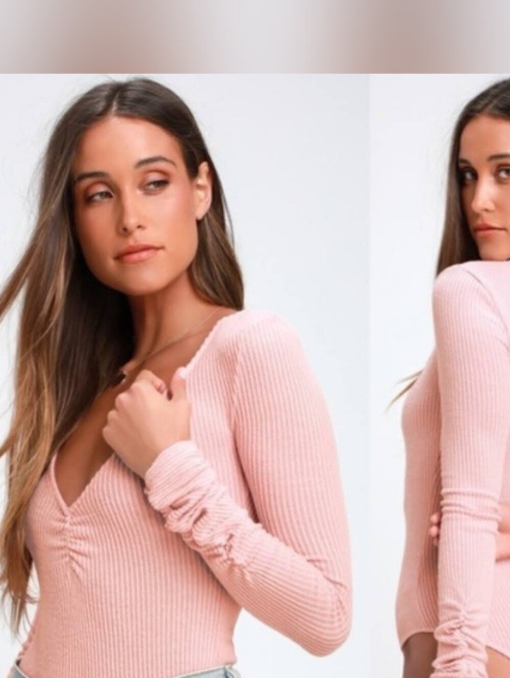 Free People Blush Pink Ribbed V-Neck Long Sleeve Top